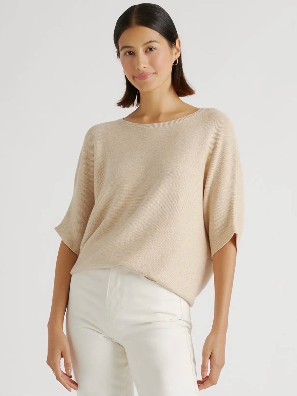 QUINCE Cotton-Cashmere Link-Stitch Dolman Short Sleeve Sweater Heather Oatmeal S